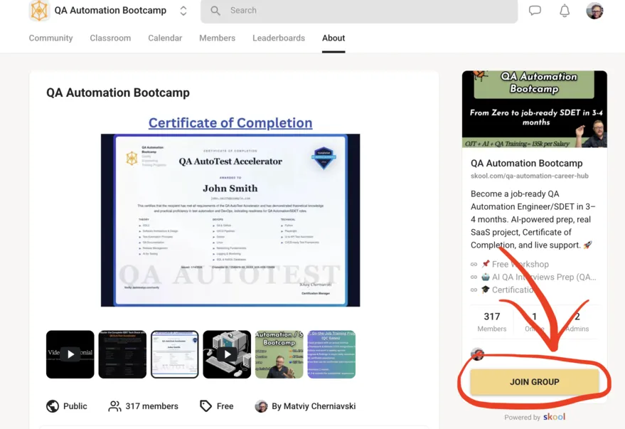 Join the Skool Group - Screenshot showing how to join